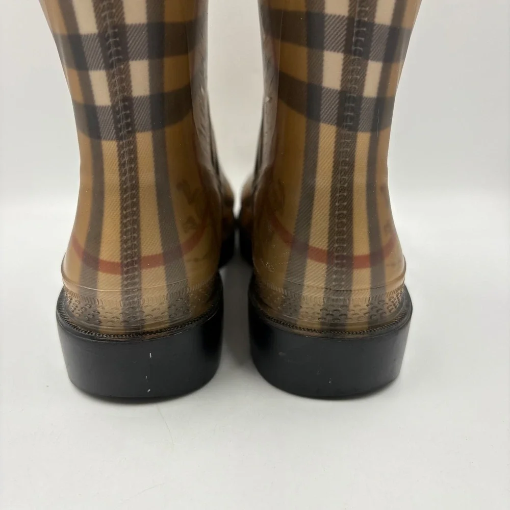 Burberry Rain Boots Women Size 38 Tan Nova Check Tall Haymarket Plaid
